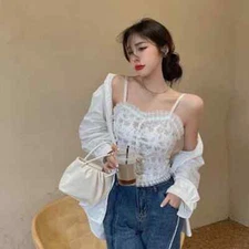 Cute and Sexy French Coquette,Faux Corset Style Crop Top Padded Lace Floral 