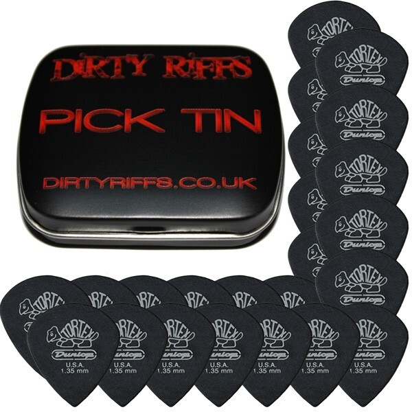 24 x Dunlop Tortex Pitch Black Jazz Guitar Picks - 1.35mm In A Handy Pick Tin