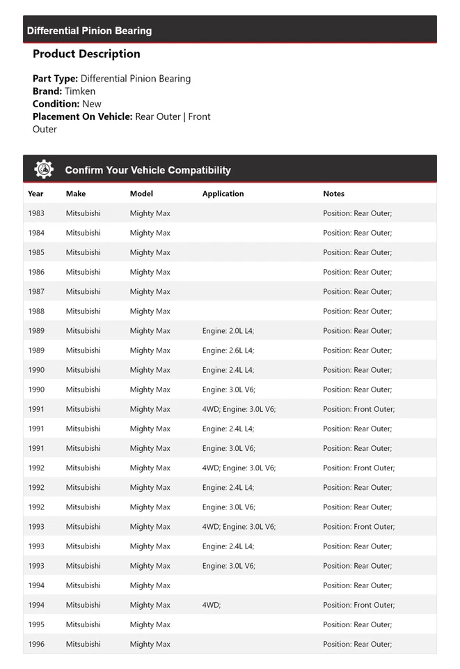 Cojinete de piñón diferencial Timken 1984 1985 para Mitsubishi Mighty Max 1983-1996 Foto 2 de 4