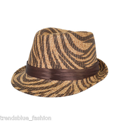 Dark Brown Zebra Print Ribbon Band Fedora Straw Hat