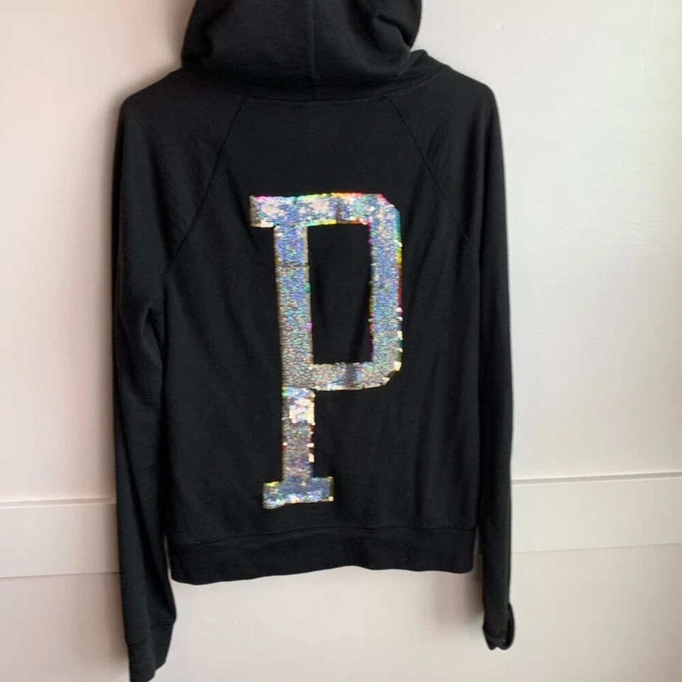 Chaqueta Victoria's Secret Rosa Negro y Lentejuelas Arco Iris Cremallera Completa Talla Pequeña Foto 2 de 4