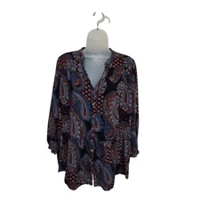 Paisley Print Blouse Long Sleeve Button Down Tunic Top Bohemian Style