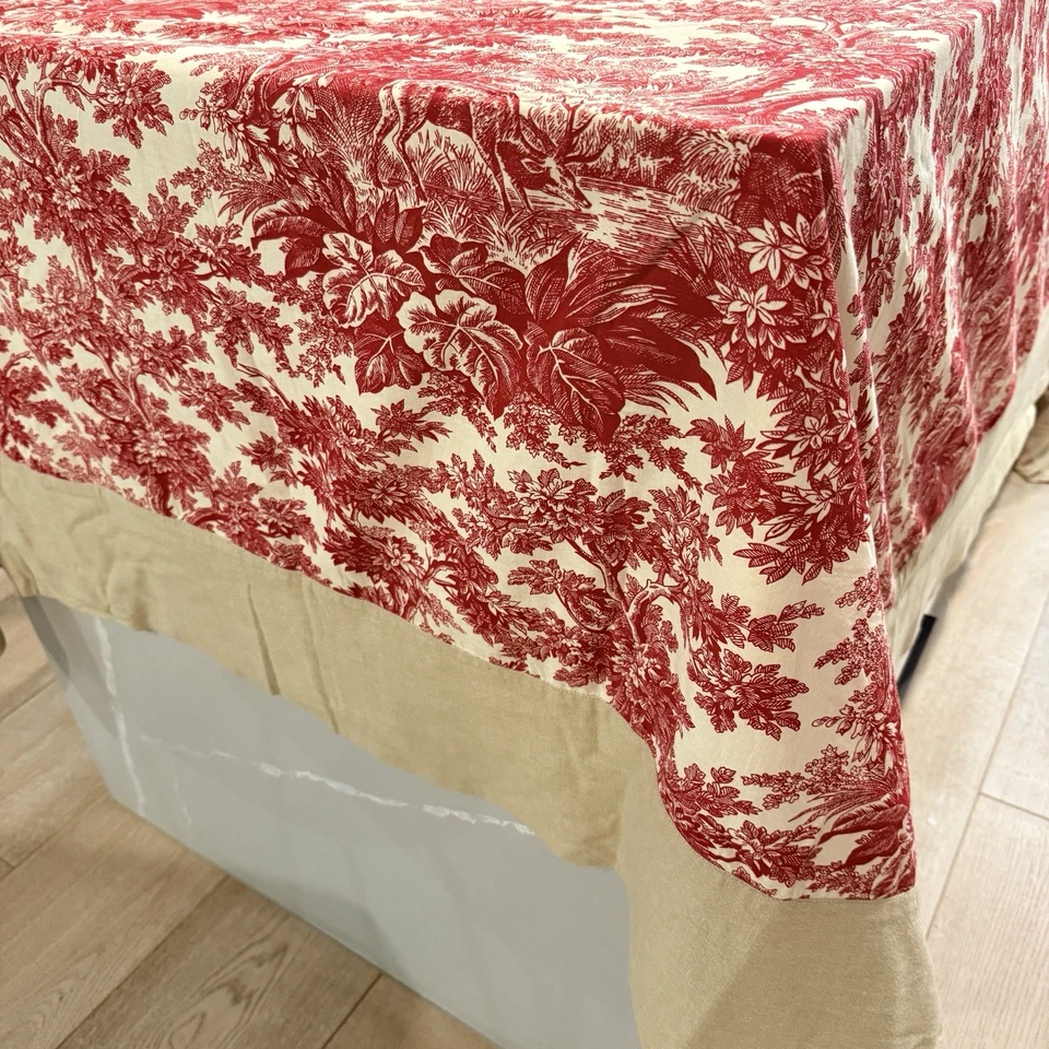 Oversized Linen Tablecloth French Toile De Jouy Red With Beige Border 112x66" - Image 3 of 4