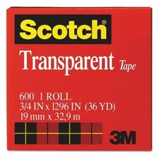 Scotch Transparent Tape, 1" Core, 0.75" x 36 yds, Transparent Pack Of 1