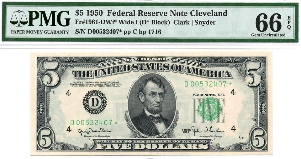 1950* $5 Cleveland STAR Federal Reserve Note FRN • 1961-D* Rare • PMG 66 EPQ - Image 2 of 3