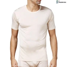 Pure Silk Knit Mens Shirt Round Neck Short Sleeves Solid US S M L