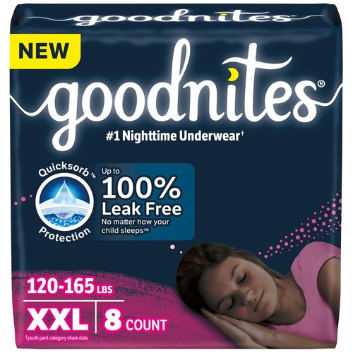 	Goodnites Girls' Nighttime Underwear XXL 120-165 lbs 8 Ct	 - Afbeelding 1 van 9