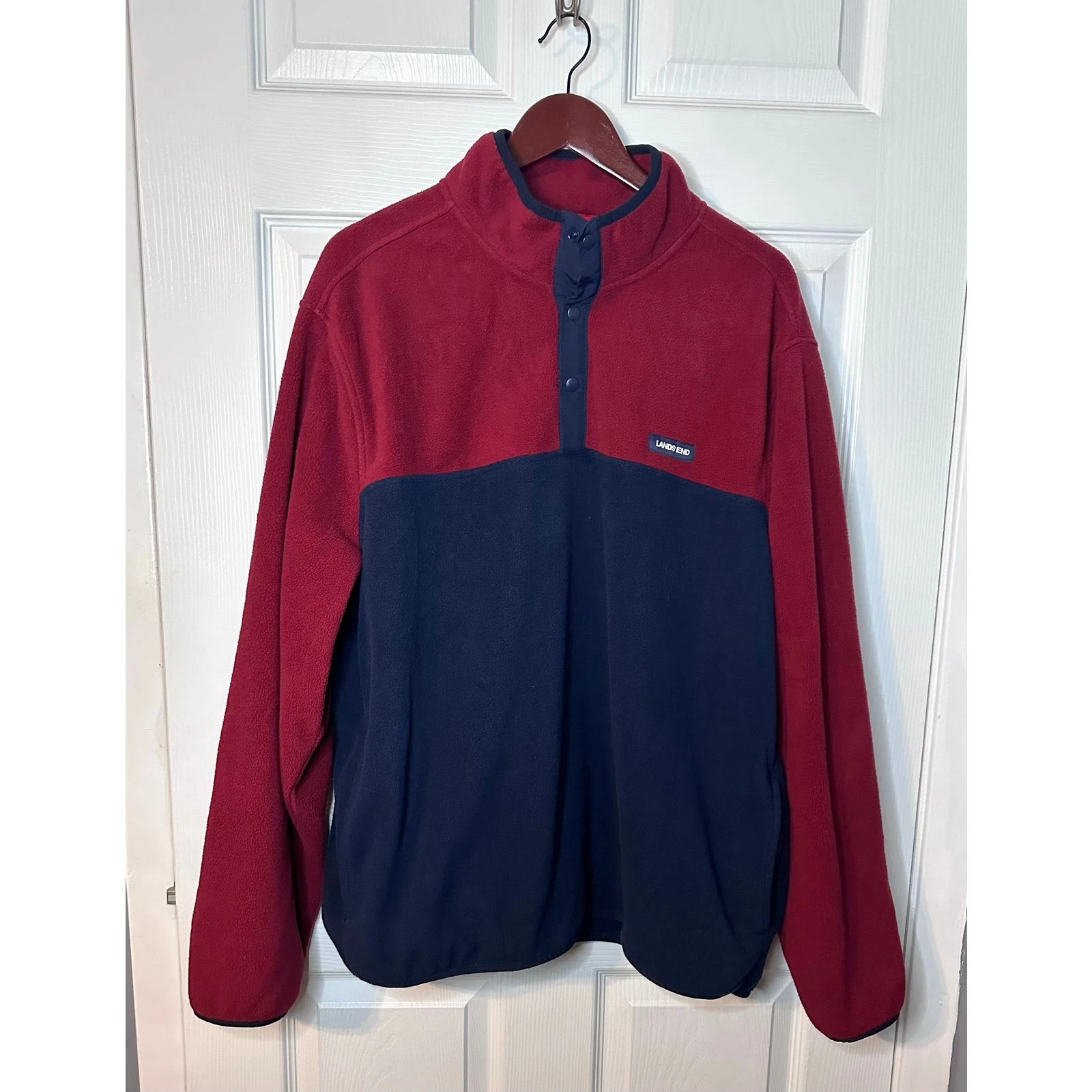 Lands' End men's Heritage Colorblock Red Navy Snap Neck Pullover Fleece XXL image 1