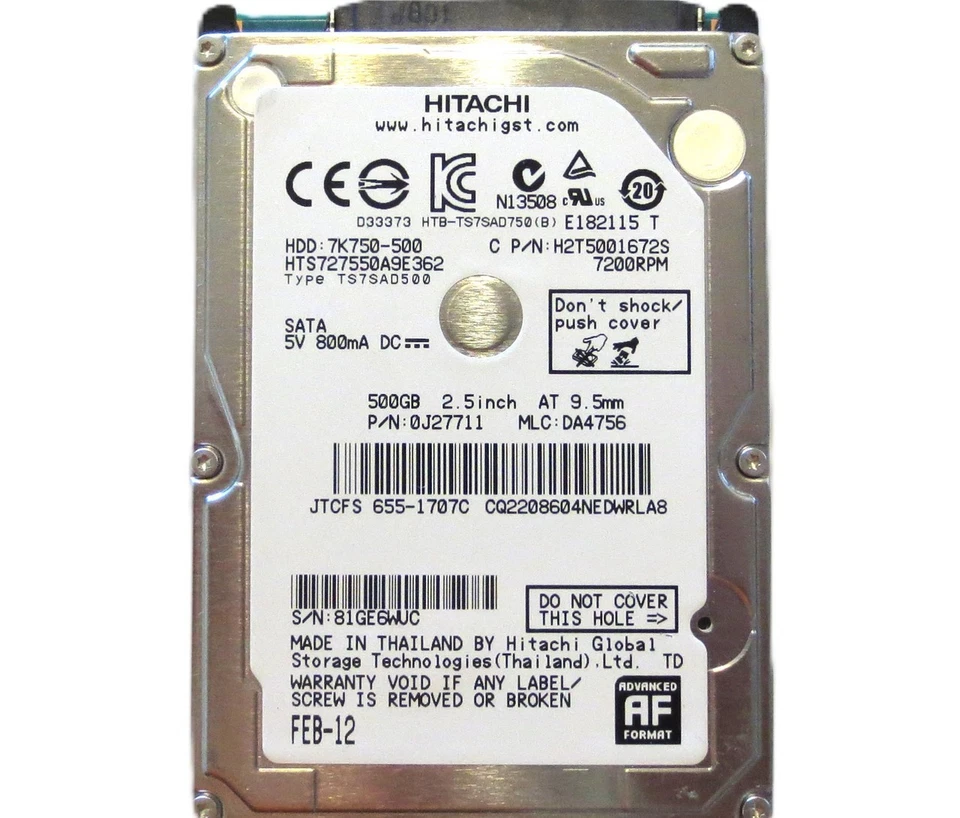 Hitachi HTS727550A9E362 0J27711 MLC:DA4756 (81G) 500gb 2.5" Sata Thailand 2012 - Image 2 of 3