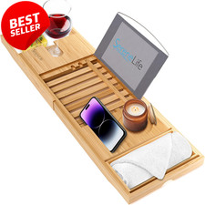 Luxury Bamboo Bathtub Caddy Tray Adjustable w/ Wine Book Phone Holder - US