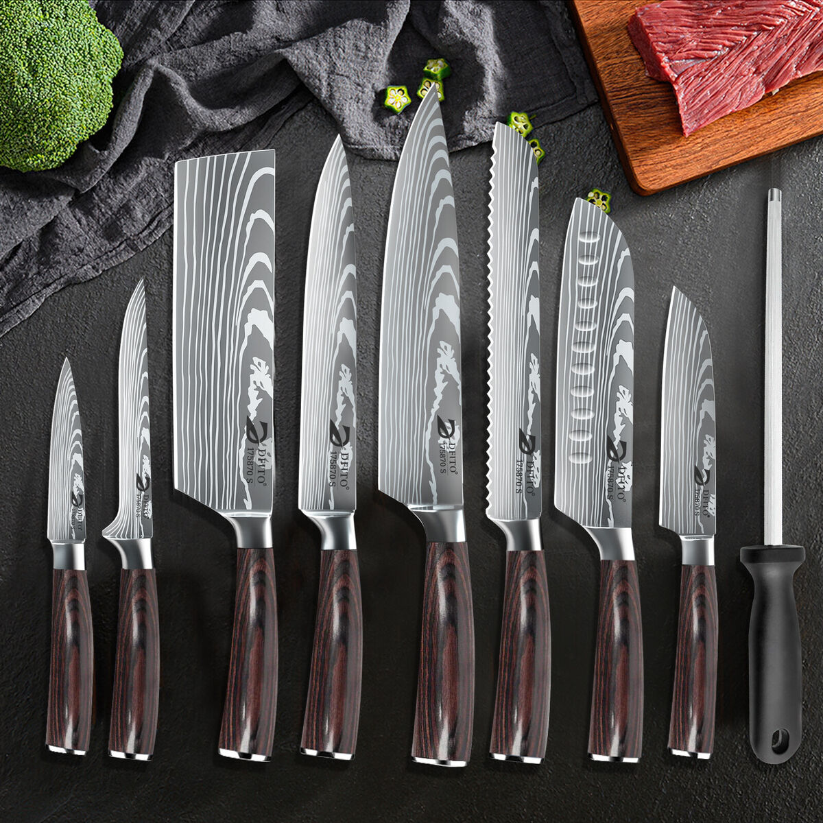 Laser Damascus Knife Set 7CR17 Steel Japanese Knife Cleaver Meat Fish  Fillet Boning Knife Wood Handle Chef Kitchen Knives Set
