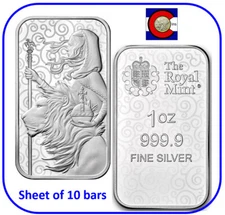 2021 Great Britain Una and the Lion 1 oz 0.9999 Silver Bar - sheet of 10 bars
