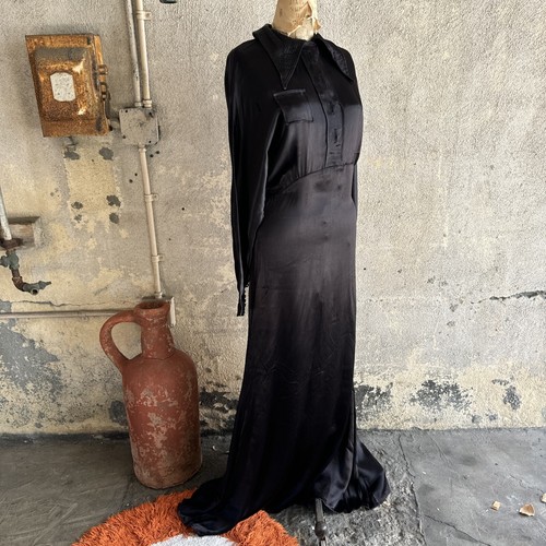 Vintage 1930s Black Silk Satin Gown Dress Art Deco Maxi Long Sleeve Keyhole - Picture 15 of 23