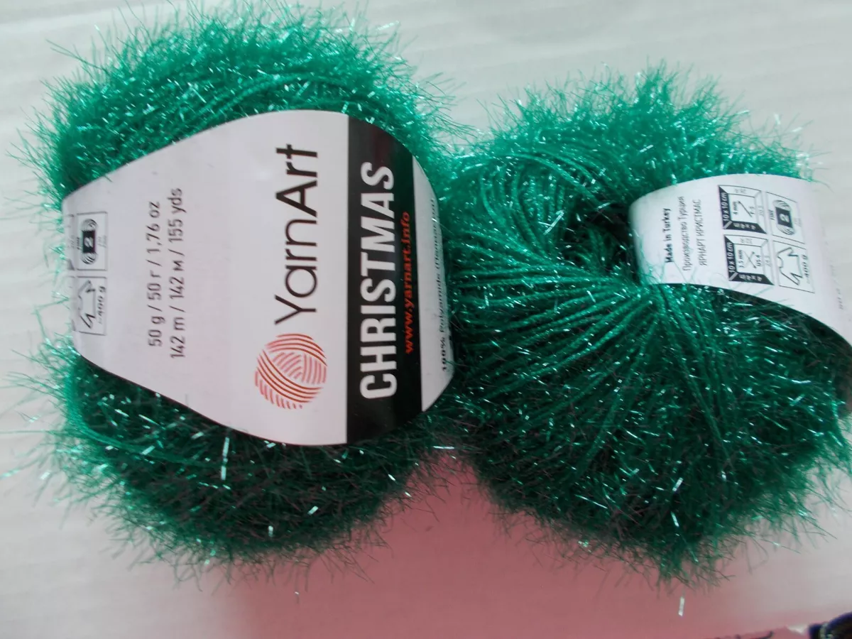 YarnArt Christmas fuzzy/sparkly yarn, Green (#48), lot of 2, (155 yds ea)