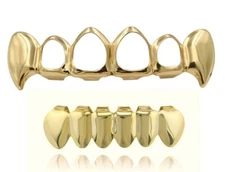 Custom Fit 14K Gold Plated Mouth Teeth Grills Grillz Open Face Fangs Set New USA