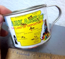 1970s Souvenir Arkansas Tin Cup, Arkansas sights photos, map, NEW unused item