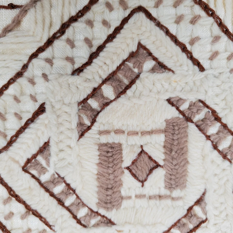 Vintage Crewel Embroidered Geo Throw Pillow Cover Brown Piping Handmade 16 In - Image 2 of 4