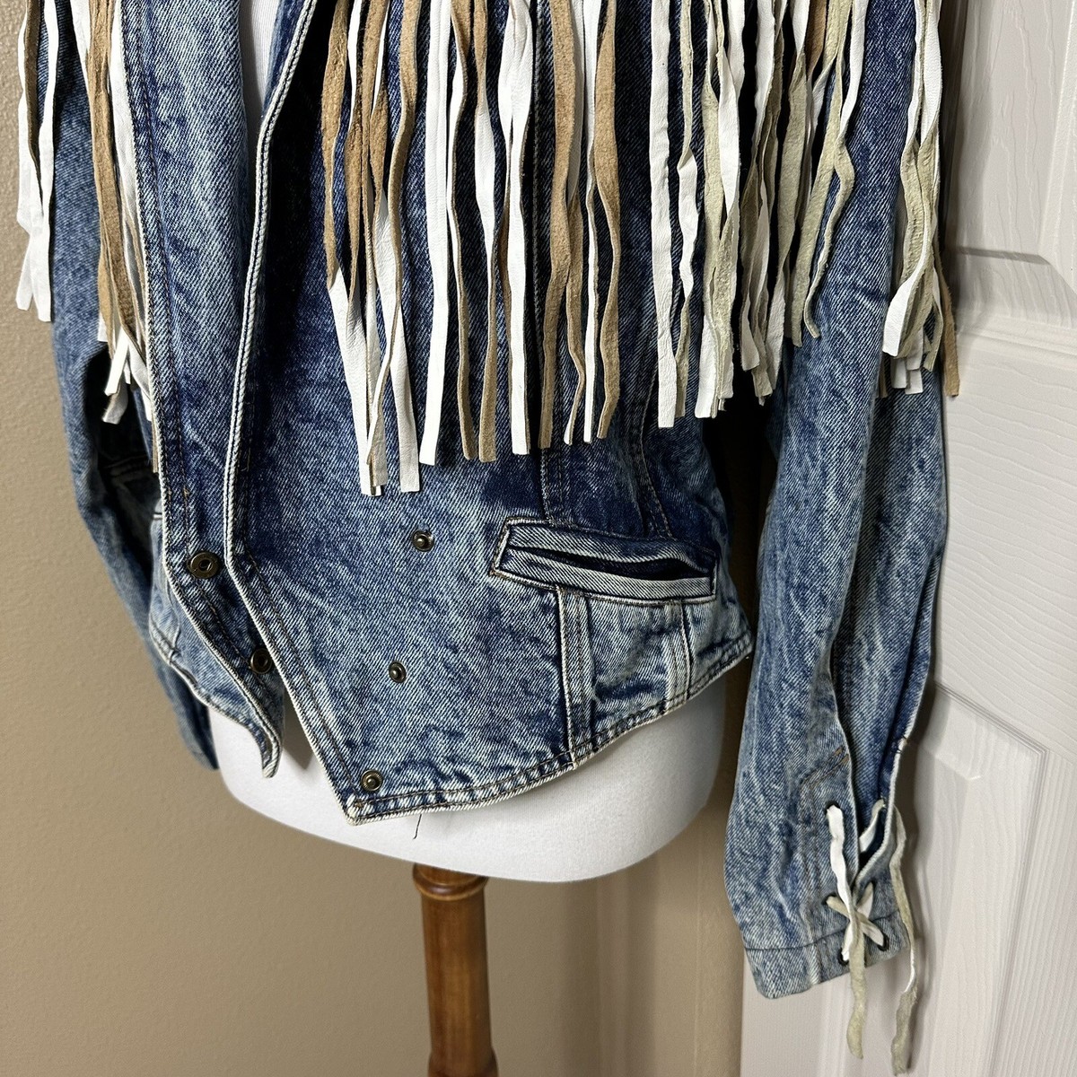 Vintage 80's HAVOC Acid Wash Denim Jacket Leather Fringe Vintage 80's HAVOC Acid Wash Denim Jacket Leather Fringe