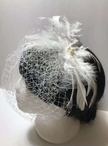 Women White Fascinator Wedding Bridal Birdcage Veil with Feathers - Picture 1 of 6