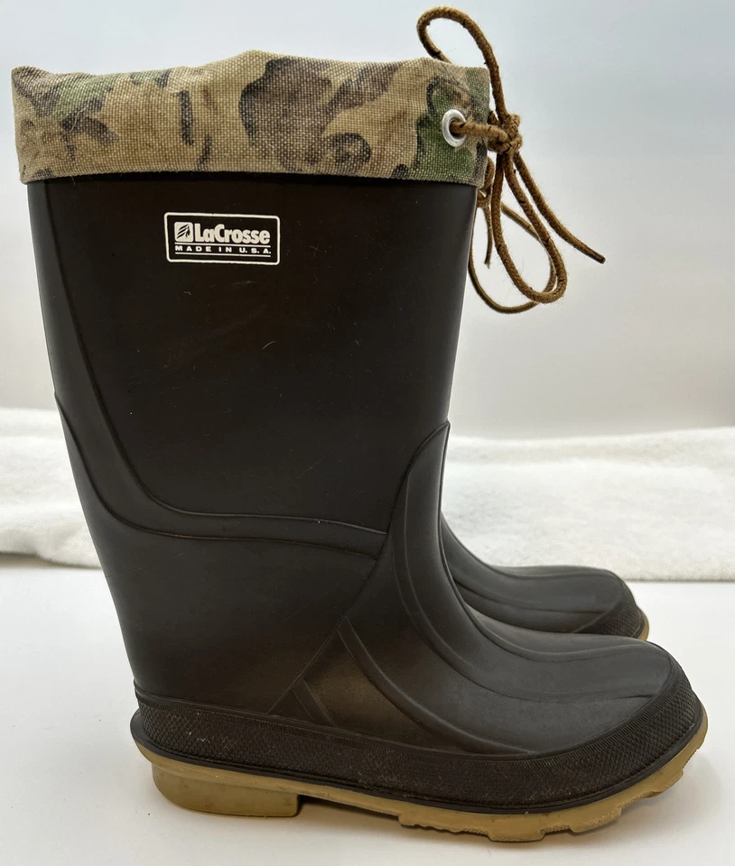 LACROSSE Youth Sz (2) Brown-Camo Tie Pull On Rubber CAMO Hunting Mud Boots GUC - Image 3 of 4