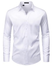 Mens White Dress Shirt Long Sleeve Non Iron Wrinkle Free Stretch Business Off...