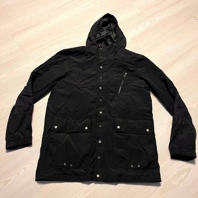 Pull&Bear Parka Jacket Mens Large Black Flap Pockets Warm Hooded Snap Inside Zip