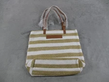 Thirty-One Jewell Tote Bag Womens Large White Olive Stripe Woven with Pouch