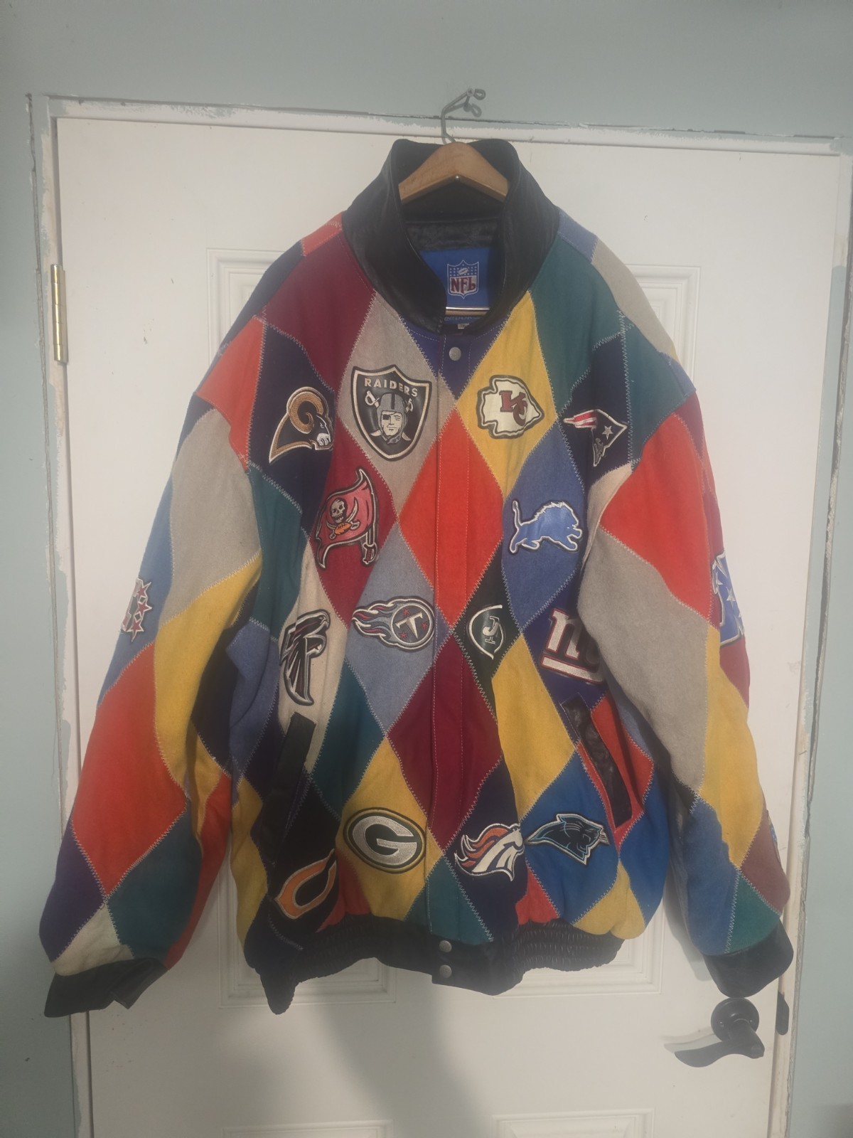 Jeff Hamilton Vintage Patchwork NFL Teams Patch Jacket Size 7XL Wool Mix