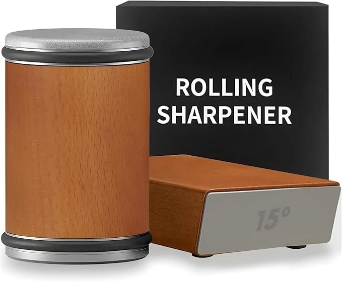 Rolling Knife Sharpener Kit - Compact Wooden Sharpener with 15° & 20° Magnetic A
