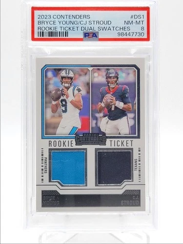 BRYCE YOUNG C.J. STROUD 2023 CONTENDERS ROOKIE TICKET DUAL PATCH PSA 8 Q4320