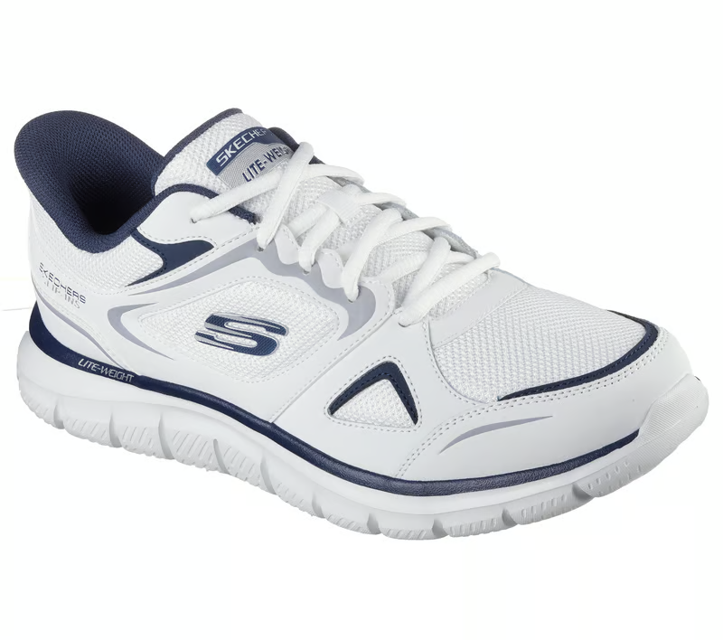 SKECHERS スポーツシューズ ホワイト/ネイビー Skechers Shoes Men Slip Ins Wide Fit White Navy Track Comfort