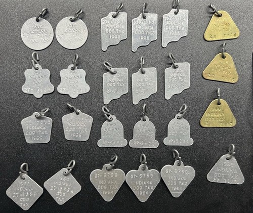 Vintage Indiana Dog Tax ID Tags Lot – Engraved Aluminum Brass – Various Years