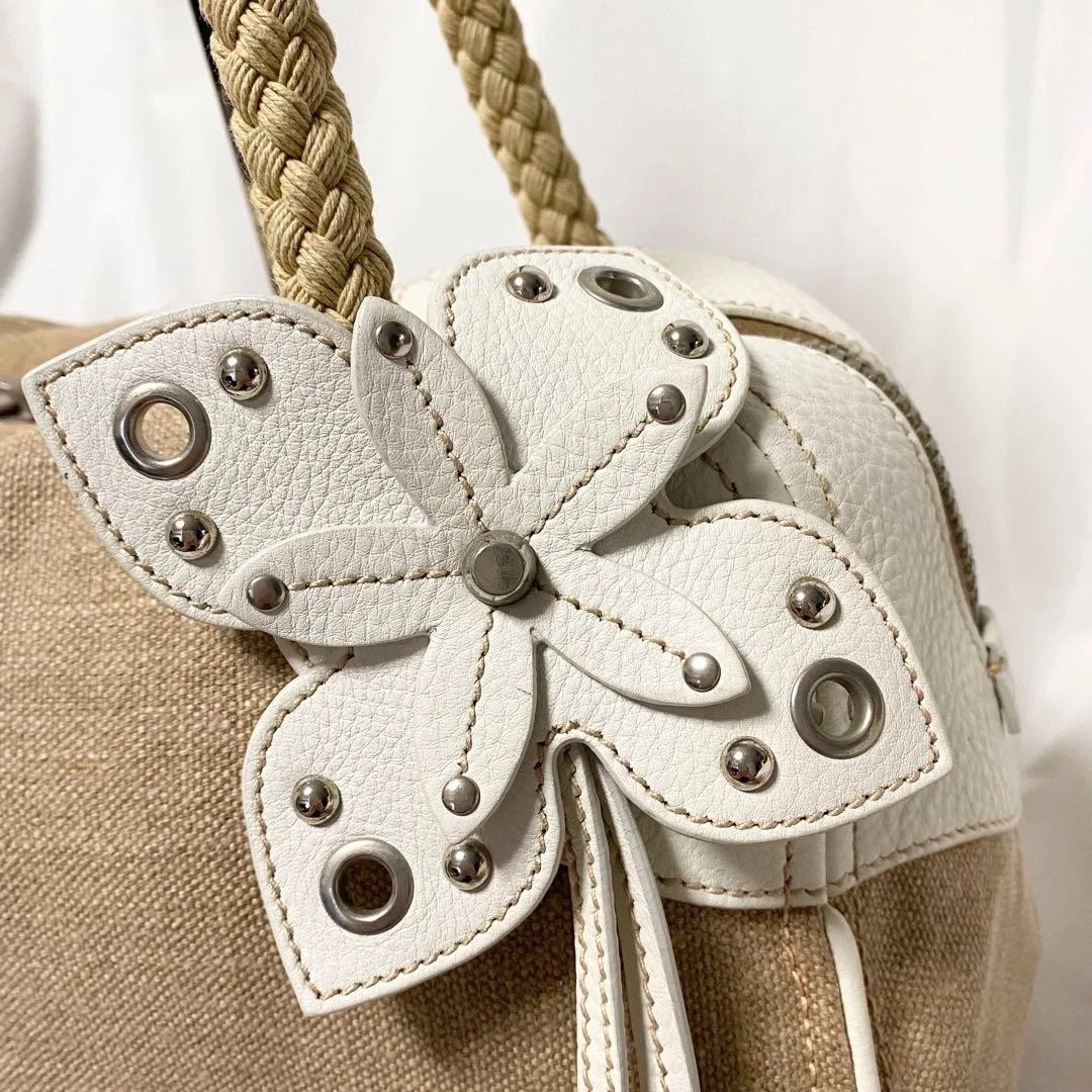 Borsa MIU MIU Flower Matelasse Tote Tracolla Beige Pelle Naturale Borchie Tela