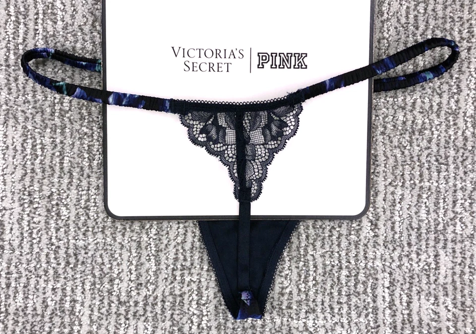 Calcinha Victoria's Secret muito sexy nova com etiquetas GG azul floral cetim corda V renda - Imagem 2 de 4