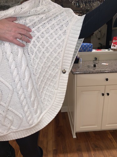 TALBOTS Gorgeous Fur Collar/Cable Sweater PONCHO Ivory White Size L. NEW! $159! - Picture 2 of 5