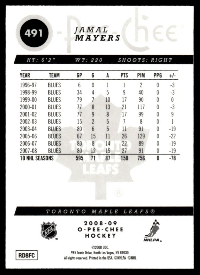 2008-09 O PEE CHEE METAL Jamal Mayers Toronto Maple Leafs #491 - Image 2 of 2