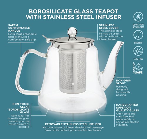 Teabloom Siena Glass Teapot – Large Capacity – 40 oz. / 1200 ml (4-5 Cups) - 第 3/6 張圖片