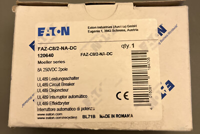 EATON FAZ-C8/2-NA-DC Miniature Circuit Breaker FAZ-NA SERIES 277/480 VAC.