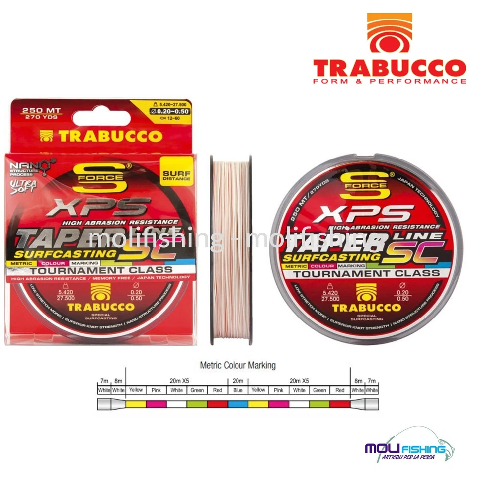 NYLON CONICO TRABUCCO XPS TAPER LINE SC SURFCASTING 250 MT DOPPIO SHOCK LEADER