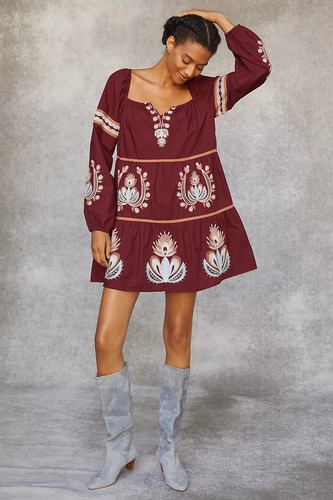 Anthropologie Women's Let Me Be Embroidered Tunic Dress Raspberry Red | eBay