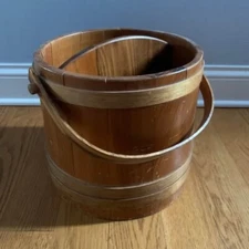 Vtg XL Wood Firkin Bucket w/ Divider & Swing Wooden Handle Magazines MCM Sugar
