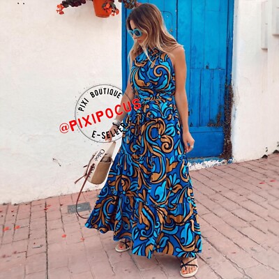 blue printed halter neck dress zara NEW WITH BAG 100% COTTON XS - XL 2949/153 Daughter Size:12 Years Elyna Slinky Halter Maxi attribute:material:tulle Satin dress Halter neck midi dress