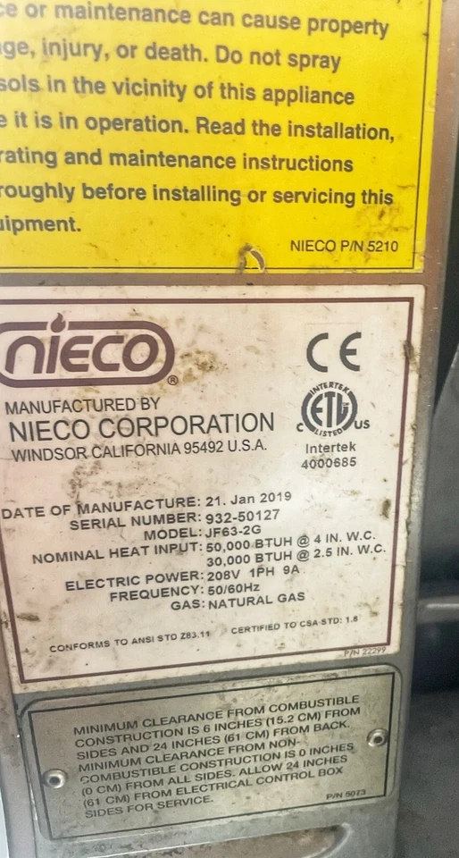 Nieco JF63-2G Automático Doble Cinturón BroilVection Mfgd Enero 2019 Funcionando 🔥 Foto 2 de 2
