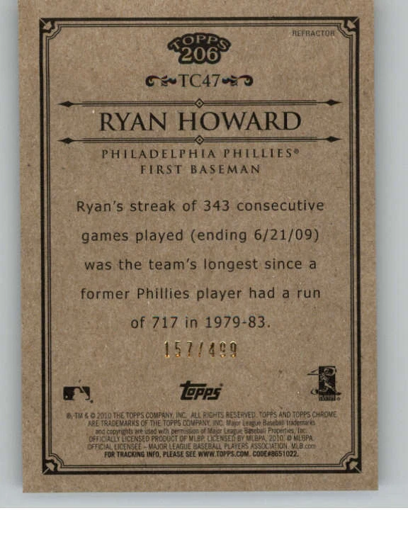 2010 Topps Chrome 206 Chrome Refractors #TC47 Ryan Howard 499 (ref 137924) - Image 2 of 2