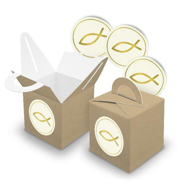 Itenga 24X WüRfelbox Mit Griff Braun Sticker Fisch Gold Kommunion Konfirmation-image