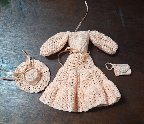 Vintage Handmade Crocheted Peach Color Dress, Barbie Size With Hat & Purse