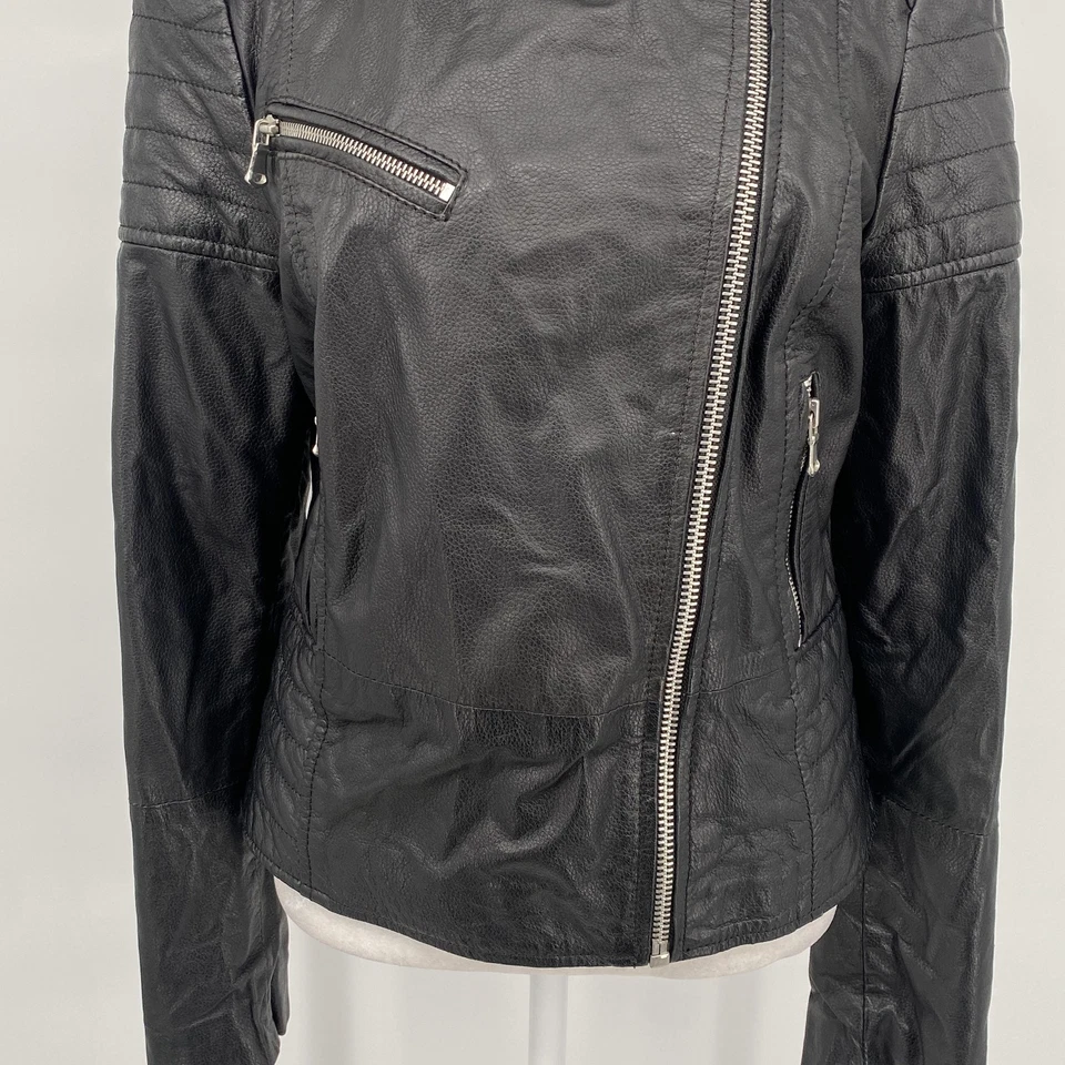 Chaqueta Barneys Originals Mujer 12 Cuero Negro Moto Asimétrica Cremallera Motociclista Foto 3 de 4
