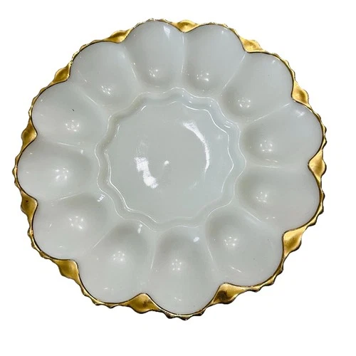 Vintage Milk Glass Deviled Egg Plate Gold Rim Scalloped Edge 10 Inch