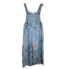 Easel Floral Blue Denim Oversized Wide Leg Cropped Overalls Women Size Medium