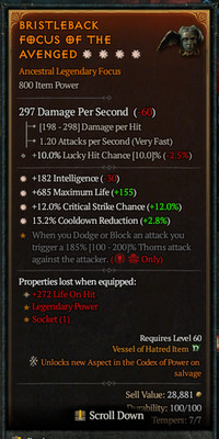     DIABLO 4 SEASON 12 LEGEN FOCUS 4GA-INT+LIFE+CRIT %+COOLDOWN REDUCE
